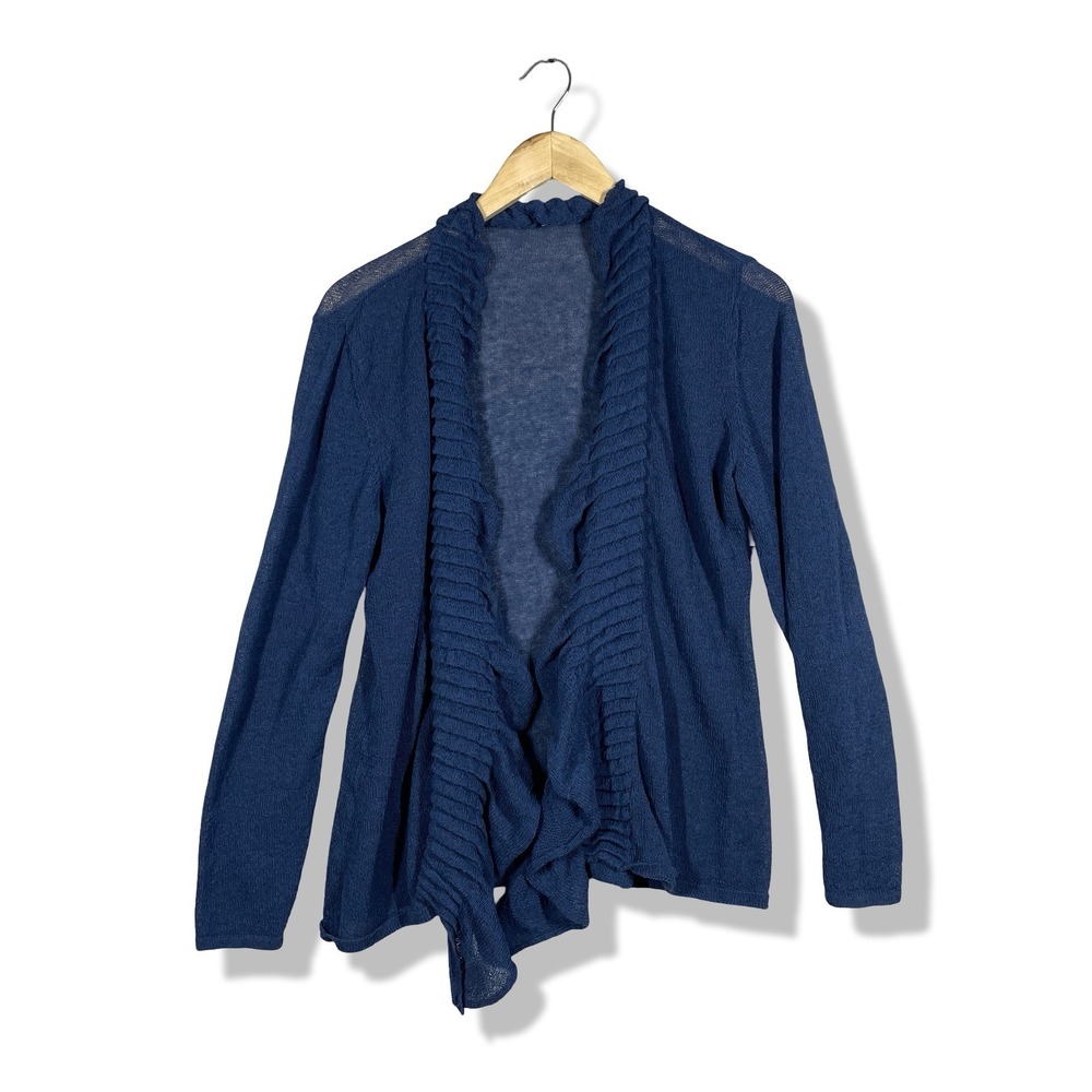 Eileen Fisher Cardigan Women Medium Blue Ruffle Open Front Lightweight Knit